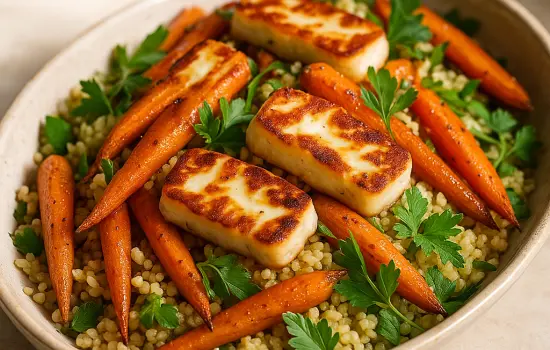 Salade de boulgour, carottes rôties, halloumi grillé et herbes