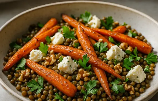 Salade de carottes rôties, lentilles et feta