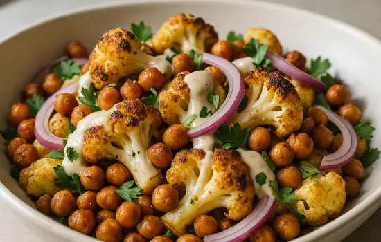 Salade de chou-fleur rôti, pois chiches et sauce tahini citron