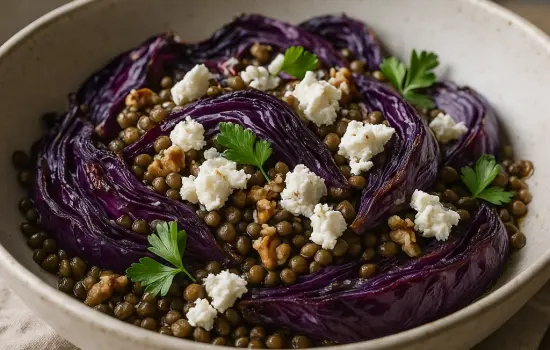 Salade de chou rouge rôti, lentilles et feta
