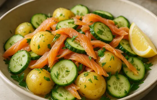 Salade de concombre, pommes de terre et truite fumée