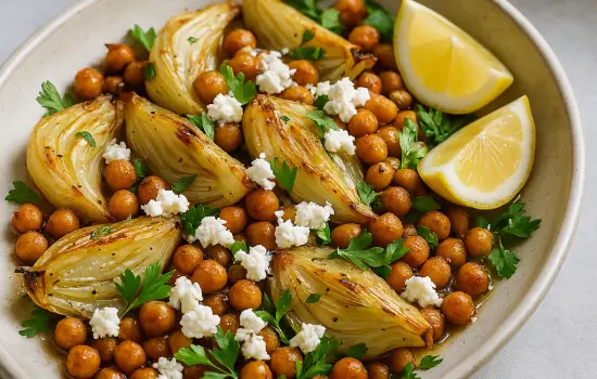 Salade de fenouil rôti, pois chiches et feta
