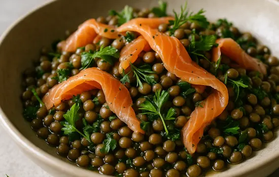 Salade de lentilles au saumon fumé et aux herbes