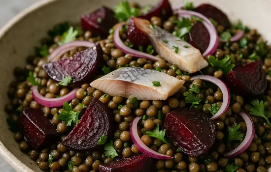 Salade de lentilles, betterave rôtie et hareng fumé