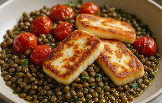 Salade de lentilles, tomates rôties et halloumi grillé