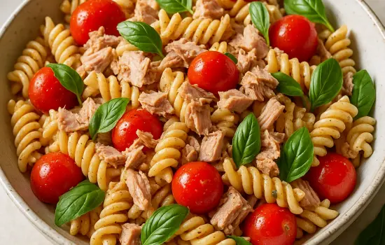 Salade de pâtes au thon, tomates cerises et basilic