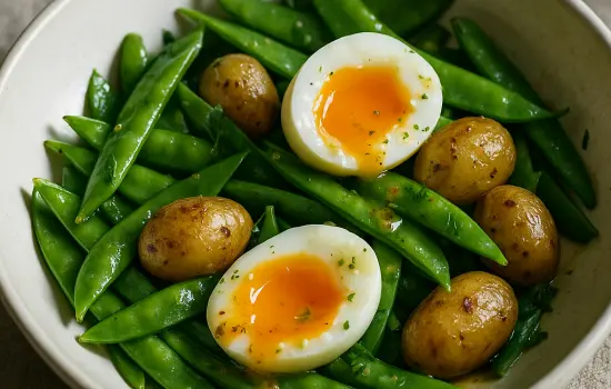 Salade de pois gourmands, pommes de terre grenailles et œufs mollets