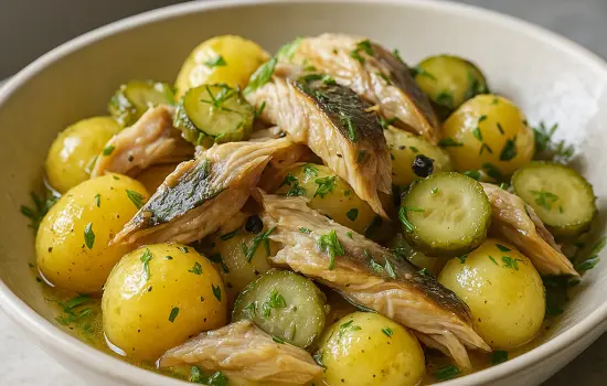 Salade de pommes de terre au maquereau fumé et aux cornichons