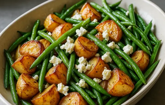 Salade de pommes de terre rôties, haricots verts et feta