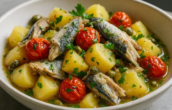 Salade de pommes de terre tièdes, sardines et tomates rôties