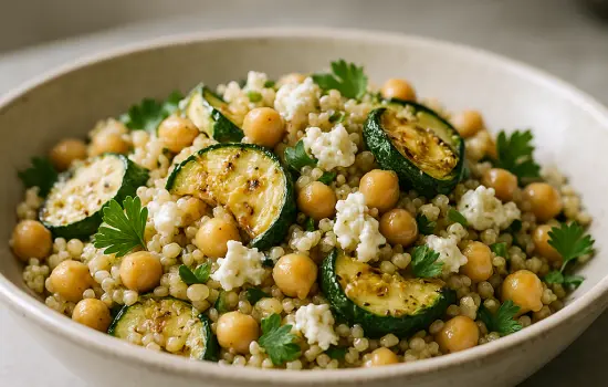 Salade de quinoa aux courgettes grillées, pois chiches et feta