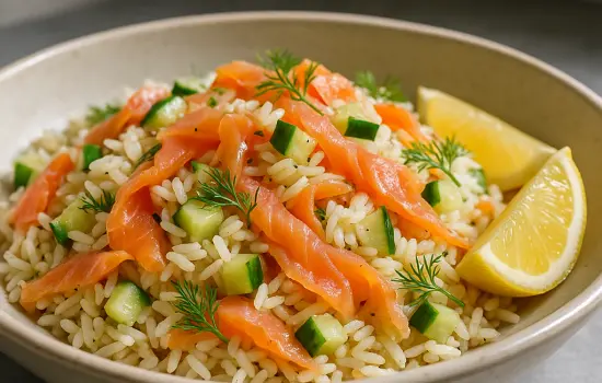 Salade de riz au saumon fumé, concombre et aneth