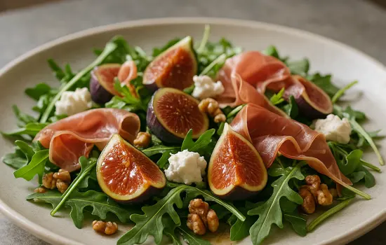 Salade de roquette, figues fraîches, jambon cru et chèvre frais