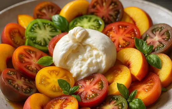 Salade de tomates anciennes, burrata et pêches