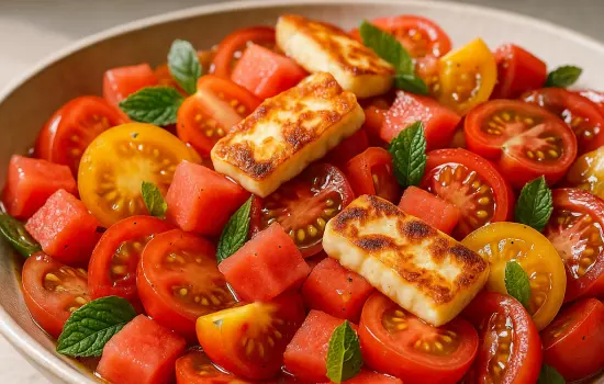 Salade de tomates, pastèque et halloumi grillé