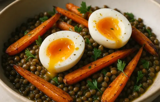 Salade tiède de lentilles, carottes rôties et œufs mollets