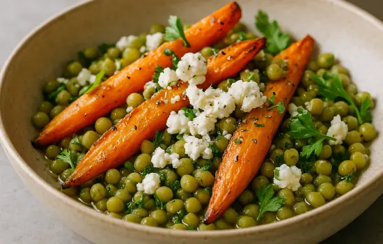 Salade tiède de pois cassés, carottes rôties et feta