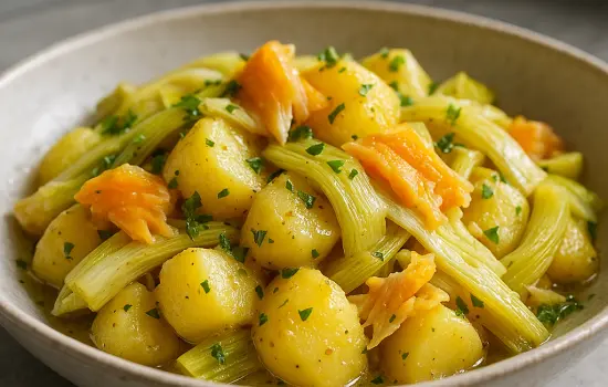 Salade tiède de pommes de terre, haddock et poireaux à la moutarde