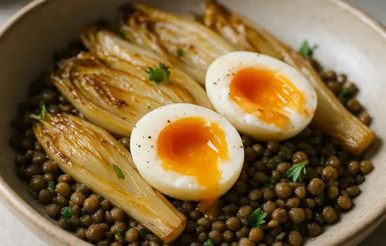 Salade tiède d’endives braisées, lentilles et œufs mollets