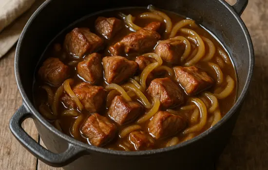 Sauté de porc à la bière et aux oignons