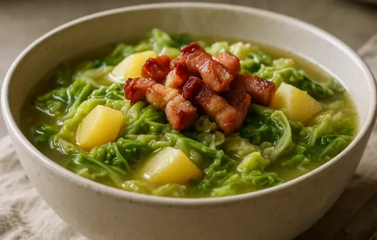 Soupe de chou vert, pommes de terre et lard fumé