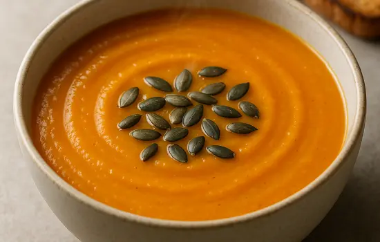 Soupe de courge rôtie, lentilles corail et cumin
