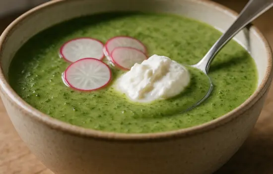 Soupe de fanes de radis, pommes de terre et chèvre frais