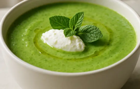 Soupe froide de petits pois à la menthe et fromage frais