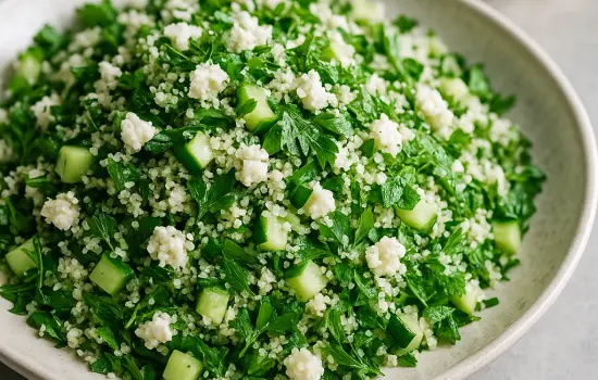 Taboulé de chou-fleur aux herbes, concombre et feta