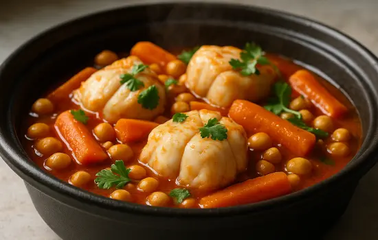 Tajine de lotte aux pois chiches, carottes et coriandre