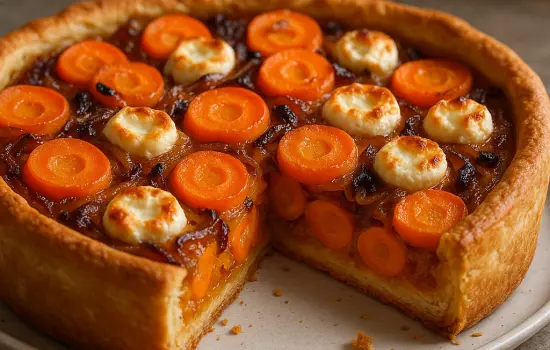Tarte aux carottes, oignons confits et chèvre frais