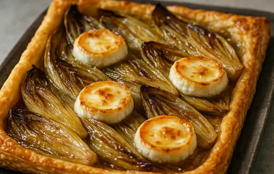 Tarte fine aux endives, chèvre et miel