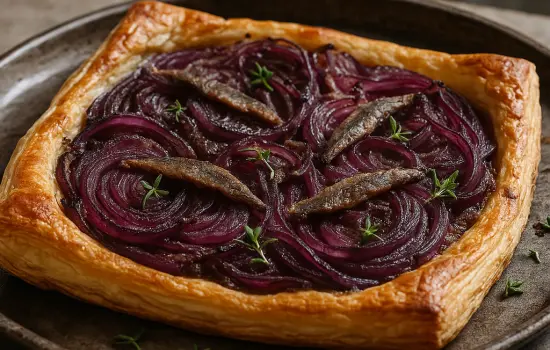 Tarte fine aux oignons rouges, anchois et thym