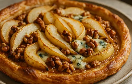 Tarte fine aux poires, roquefort et noix