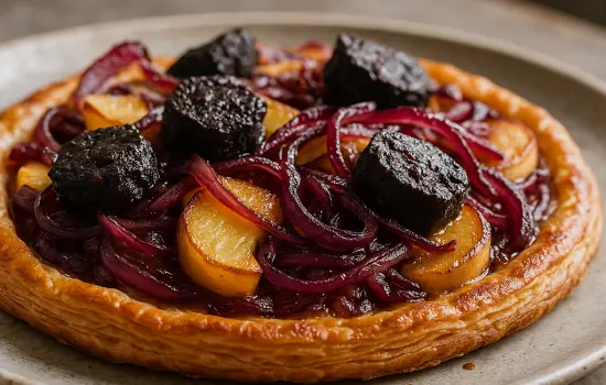 Tarte fine aux pommes, oignons rouges et boudin noir