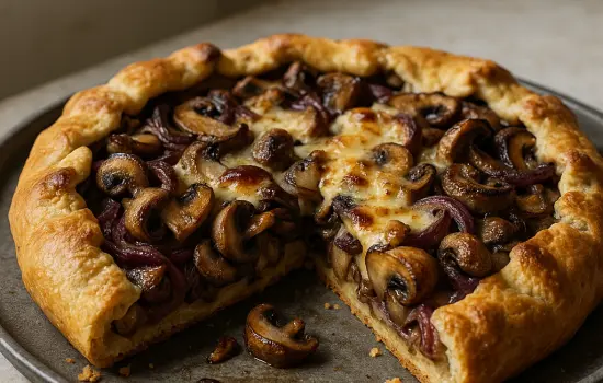 Tarte rustique aux champignons, oignons rouges et tomme