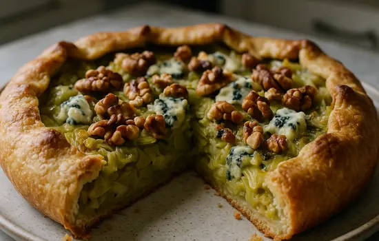 Tarte rustique aux poireaux, bleu et noix