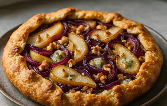 Tarte rustique aux poires, oignons rouges et bleu