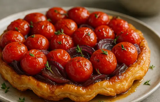 Tarte tatin de tomates cerises et oignons rouges