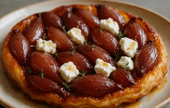 Tarte tatin d’échalotes au chèvre frais et au miel