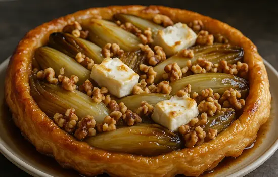 Tarte tatin d’endives au chèvre et aux noix