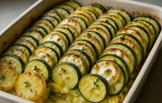 Tian de pommes de terre, courgettes et chèvre frais