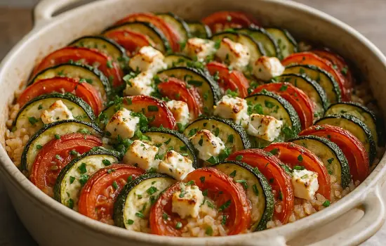 Tian de tomates et courgettes au riz, feta et herbes