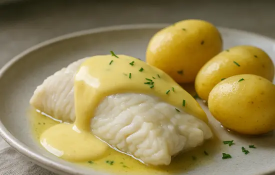 Turbot poché, sauce hollandaise légère et pommes vapeur