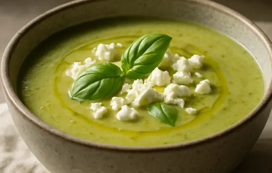 Velouté de courgettes rôties, feta et basilic